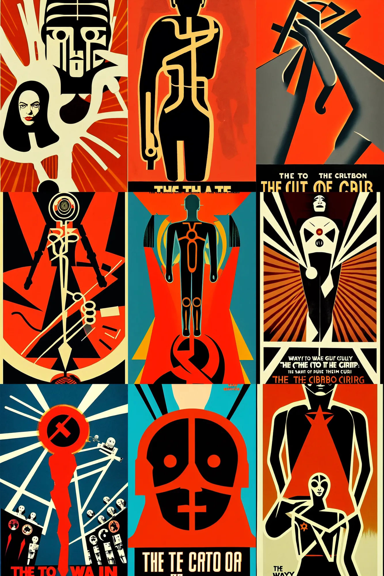 Prompt: the way to the cult of the cyborg, movie poster film by saul bass and shepard fairey and emma rios