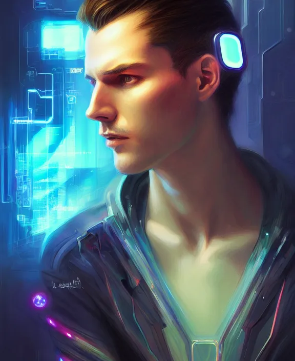 Image similar to a whirlwind inside the metaverse, guy, male, man, hologram, half body, neurochip, android, cyborg, cyberpunk face, by loish, d & d, fantasy, intricate, elegant, highly detailed, colorful, digital painting, artstation, concept art, art by artgerm and greg rutkowski and alphonse mucha