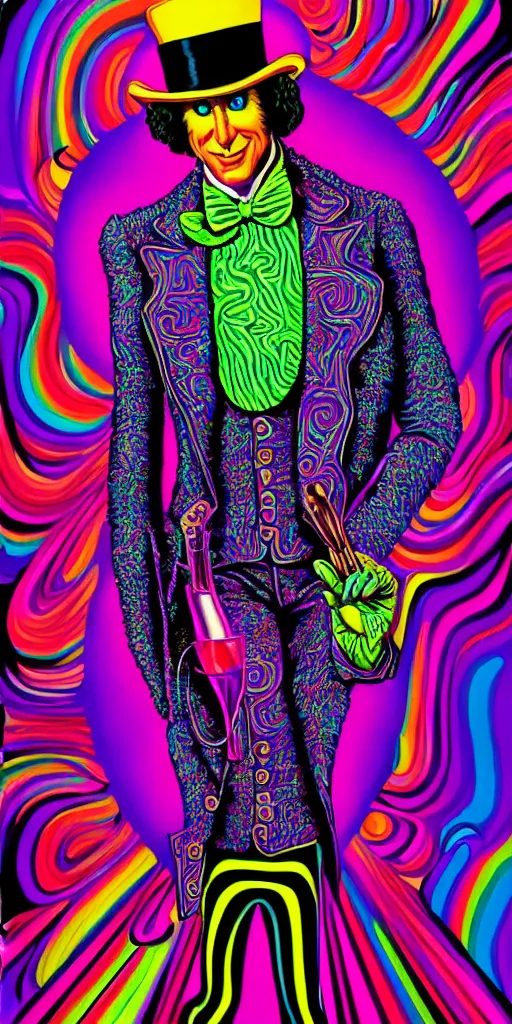 Image similar to An extremely psychedelic illustration of willy wonka in neon psychedelic tuxedo, surreal, LSD, face, detailed, intricate, elegant, lithe, highly detailed, digital painting, artstation, concept art, smooth, sharp focus, illustration, art by Jason Edmiston