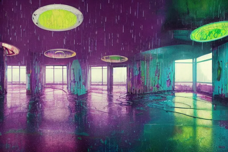 Prompt: abandoned 9 0 s interior with large organic circular windows, rain like a dream, oil painting, cinematic, dramatic, volumetric lighting, cyberpunk, basquiat + francis bacon + gustav klimt + beeple, elevated street art, fantasy lut, textural, pink, blue, purple, green,