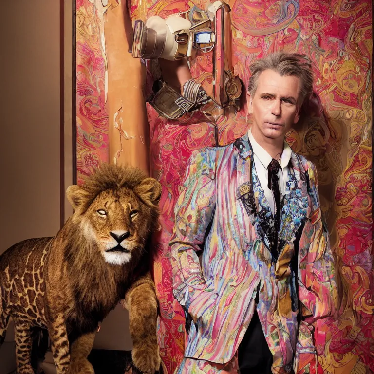 Image similar to high fashion photoshoot octane render portrait by wayne barlow and carlo crivelli and glenn fabry, a distinguished actor wearing a colorful wes anderson designed uniform and holding a lion inside a high - end exotic colorful pastel vintage boutique hotel lounge, very short depth of field, bokeh