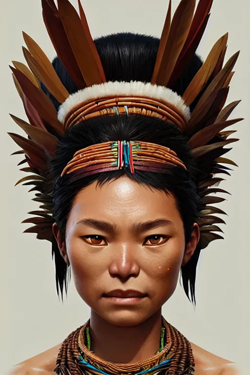 Prompt: woman of huaorani amazon ecuadorian tribe, finely detailed perfect face, exquisite details, fire magic, mid view, design on a white background, by studio muti, greg rutkowski makoto shinkai takashi takeuchi studio ghibli