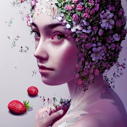 Image similar to the portrait of an absurdly beautiful, graceful, elegant, sophisticated, fashionable young woman made of strawberries and white petals with tears, an ultrafine hyperdetailed illustration by kim jung gi, irakli nadar, intricate linework, bright colors, octopath traveler, final fantasy, unreal engine 5 highly rendered, global illumination, radiant light, detailed and intricate environment