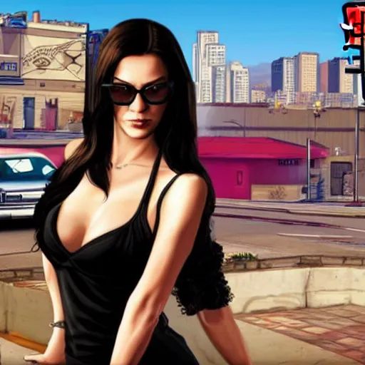 Image similar to A GTA 5 game loading screen featuring Monica Belluci