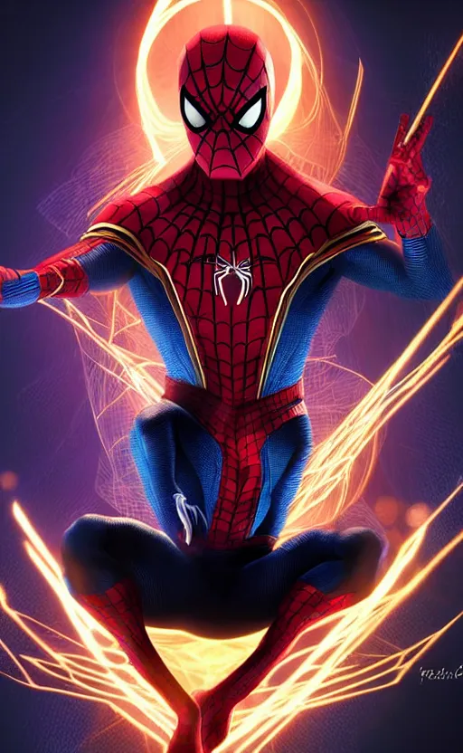 Image similar to spiderman as doctor strange, using his mystic arts, dynamic lighting, photorealistic fantasy concept art, trending on art station, stunning visuals, creative, cinematic, ultra detailed