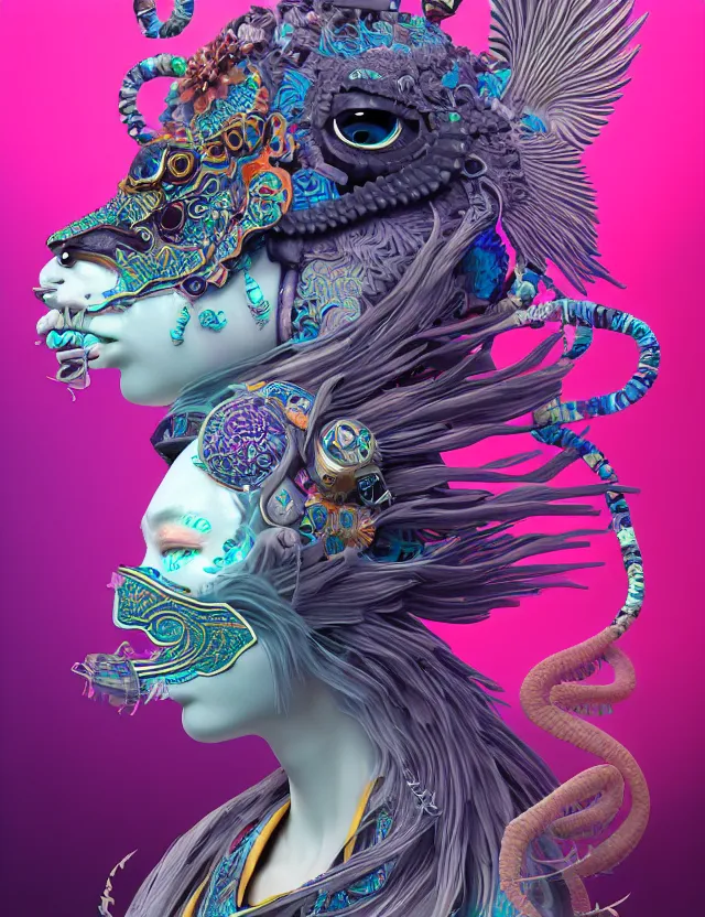 Image similar to 3 d goddess close - up profile solarpunk portrait ram skull. beautiful intricately detailed japanese crow kitsune mask and clasical japanese kimono. betta fish, jellyfish phoenix, bio luminescent, plasma, ice, water, wind, creature, artwork by tooth wu and wlop and beeple and greg rutkowski