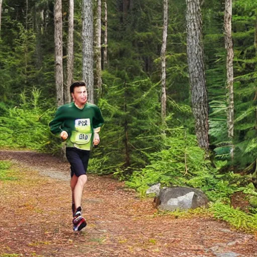 Prompt: a sporty guy runs alone through a forest with tall trees, art by Al Feldstein, acid-green sneakers, a shot from the back in perspective,