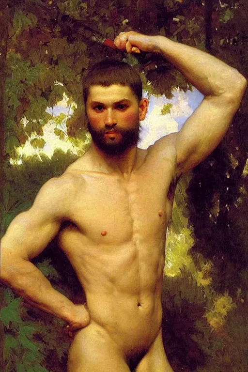 Image similar to Portrait of a young muscular Russian olympic athlete man, orientalist, victor Nizovtsev, bouguereau