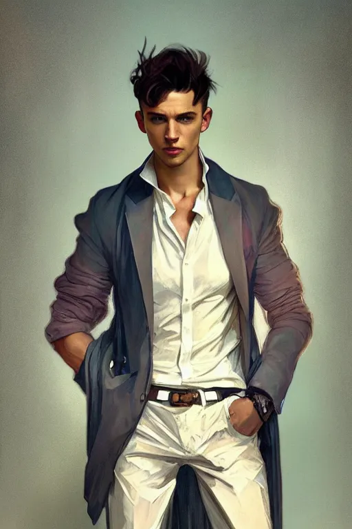 Image similar to full body portrait of a single beautiful young fit man, modern haircut, open shirt, large pants, by greg rutkowski and alphonse mucha, d & d character, in front of a modern room background, highly detailed portrait, digital painting, artstation, concept art, smooth, sharp focus ilustration, artstation hq