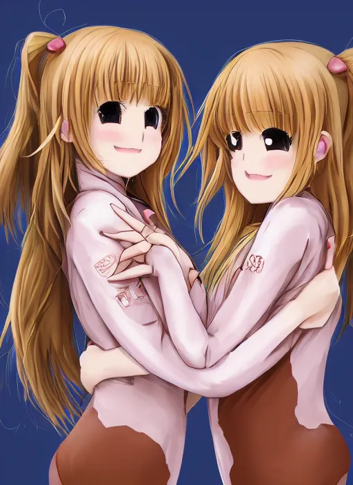 Image similar to highly detailed art of one blonde and one brown haired anime girl in onesies hugging each other looking at us, detailed eyes, happy, excited, digital art, cute, anime, detailed faces, well drawn faces, cute faces, hand drawn, 8 k, trending on artstation, official media