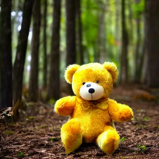 Image similar to a photo of a cute and happy teddy bear toy, with green pants and yellow jacket, toy clothes, enjoying a stroll in the forest, telephoto, 5d mk2