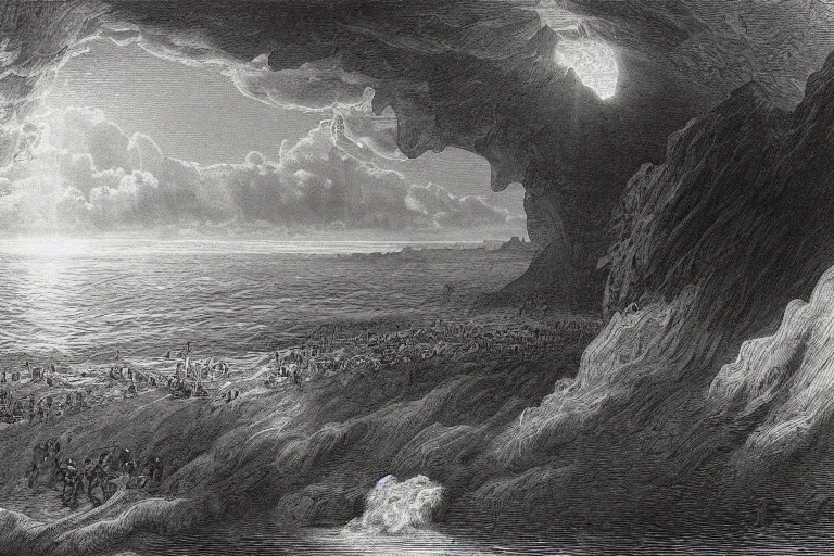 Image similar to aerial view, the biblical crossing of the red sea, Gustave Dore lithography