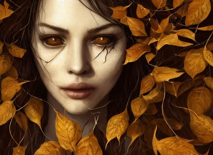 Image similar to golden leaves at frame border, creative!!! composition for a book cover!!!, absurdly beautiful, ultrafine hyperrealistic detailed old witch face by wlop and artgerm and greg rutkowski, intricate linework, sharp focus, smooth, octopath traveler, final fantasy, unreal engine, dramatic lighting, ethereal, 8 k