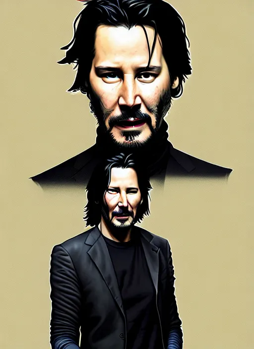 Prompt: highly detailed closeup portrait of cool keanu reeves, wavy hair, jhonny depp, black suit by atey ghailan, by greg rutkowski, by greg tocchini, by james gilleard, by joe fenton, by kaethe butcher, gradient yellow, black and white color scheme, grunge aesthetic!!! ( ( graffiti tag wall background ) )