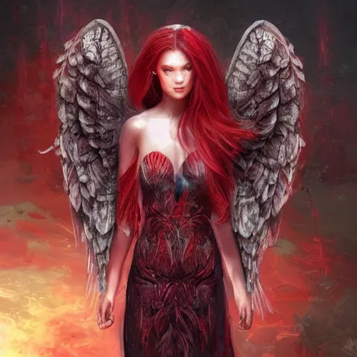 Image similar to woman - unicorn hybrid red angel - wings, stunning, realistic, symmetric portrait, face, intricate, very detailed, fantasy digital art, trending in artstation, marc simonetti