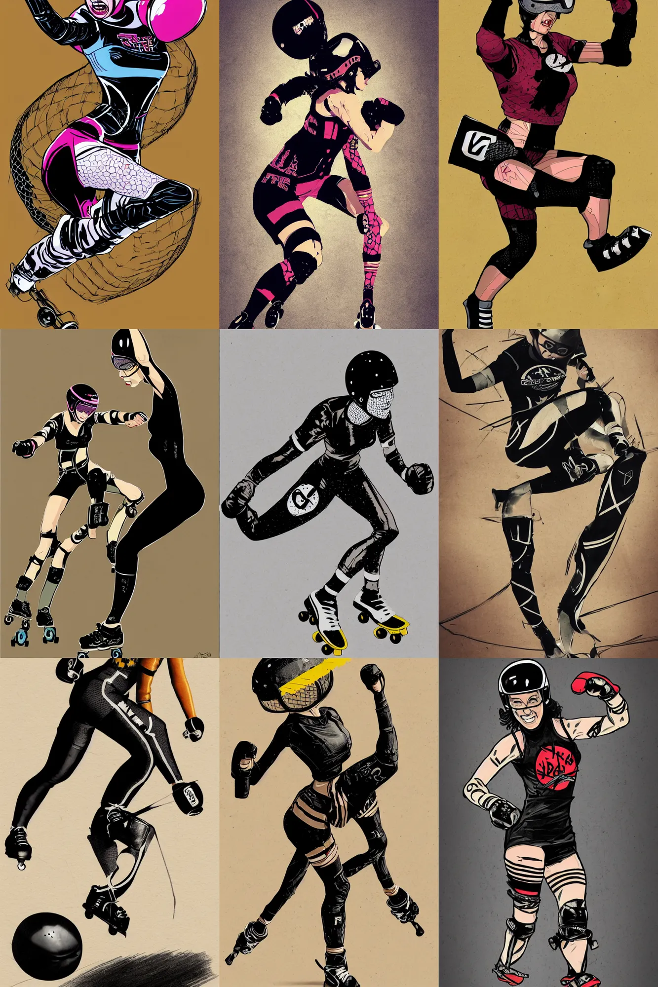 Prompt: logo design, roller derby girl sprinting Cross-Over, wearing skate helmet, knee pads, elbow pads,full length portrait, fishnet tights, torn, ripped, fists in the air, illustration by Eduardo Risso and greg rutkowski