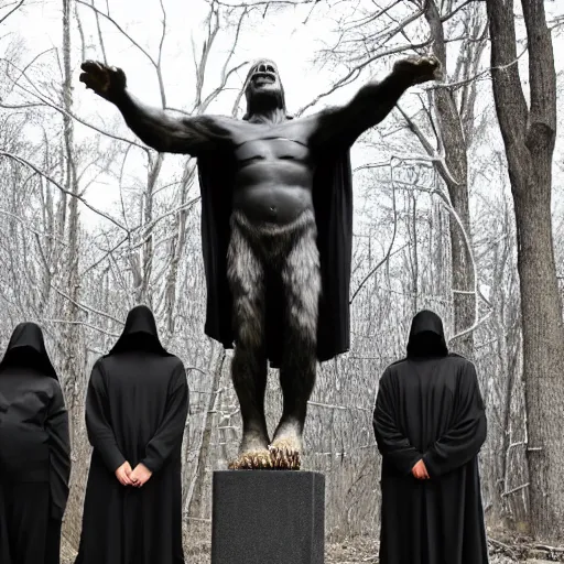 Image similar to black robed group of occultist worshipping a bigfoot statue