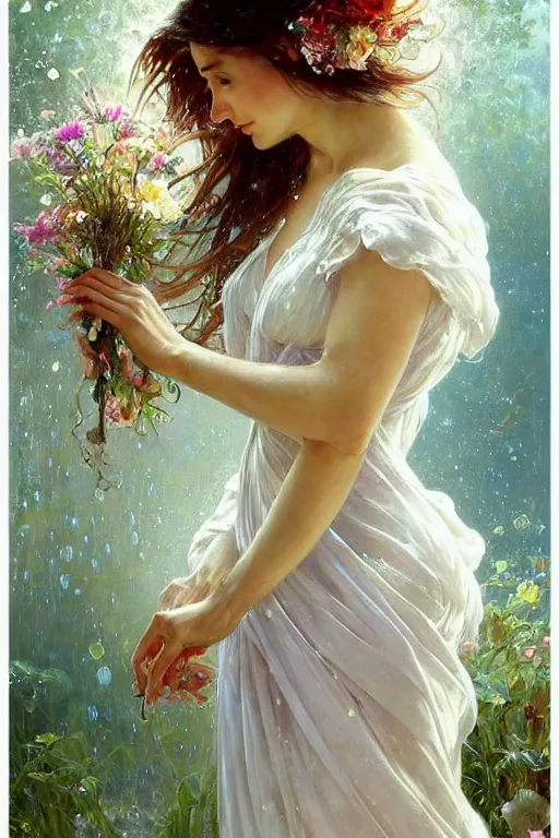 Image similar to portrait of a beautiful woman wearing a white dress, holding a bouquet of flowing flowers, drenched body, wet dripping hair, emerging from the water, fantasy, regal, fractal crystal, fractal gems, by stanley artgerm lau, thomas kindkade, alphonse mucha, loish, norman rockwell