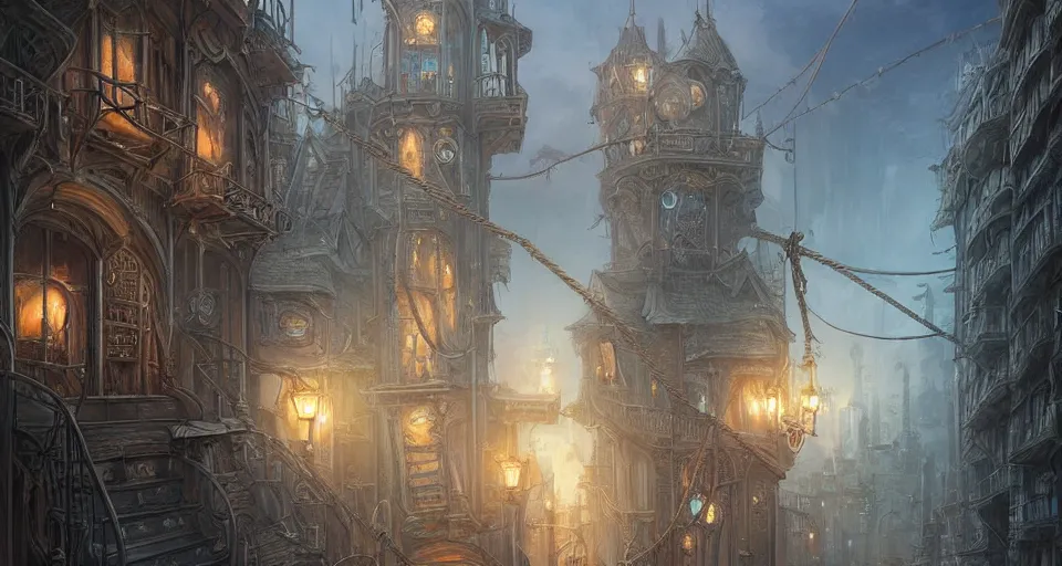Prompt: landscape painting of fantasy metal steampunk city that has a light blue glow with walkways and lit windows and you can very clearly see a fine detailed hooded thief in browns leathers climbing one of the tall buildings using a rope, fine details, magali villeneuve, artgerm, rutkowski