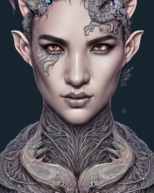 Prompt: digital art, centered portrait dragon with short hair, face made with intricate roots, by james jean and by artgerm, by ross tran, ultradetailed, charachter design, concept art, trending on artstation,