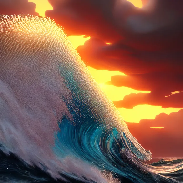 Image similar to a cinematic shot of an epic wave at sunset, hyperdimensional, by Andy Thomas, Mario Martinez, Daniel Mirante, Gustave Dore, Artstation, CGsociety, masterpiece