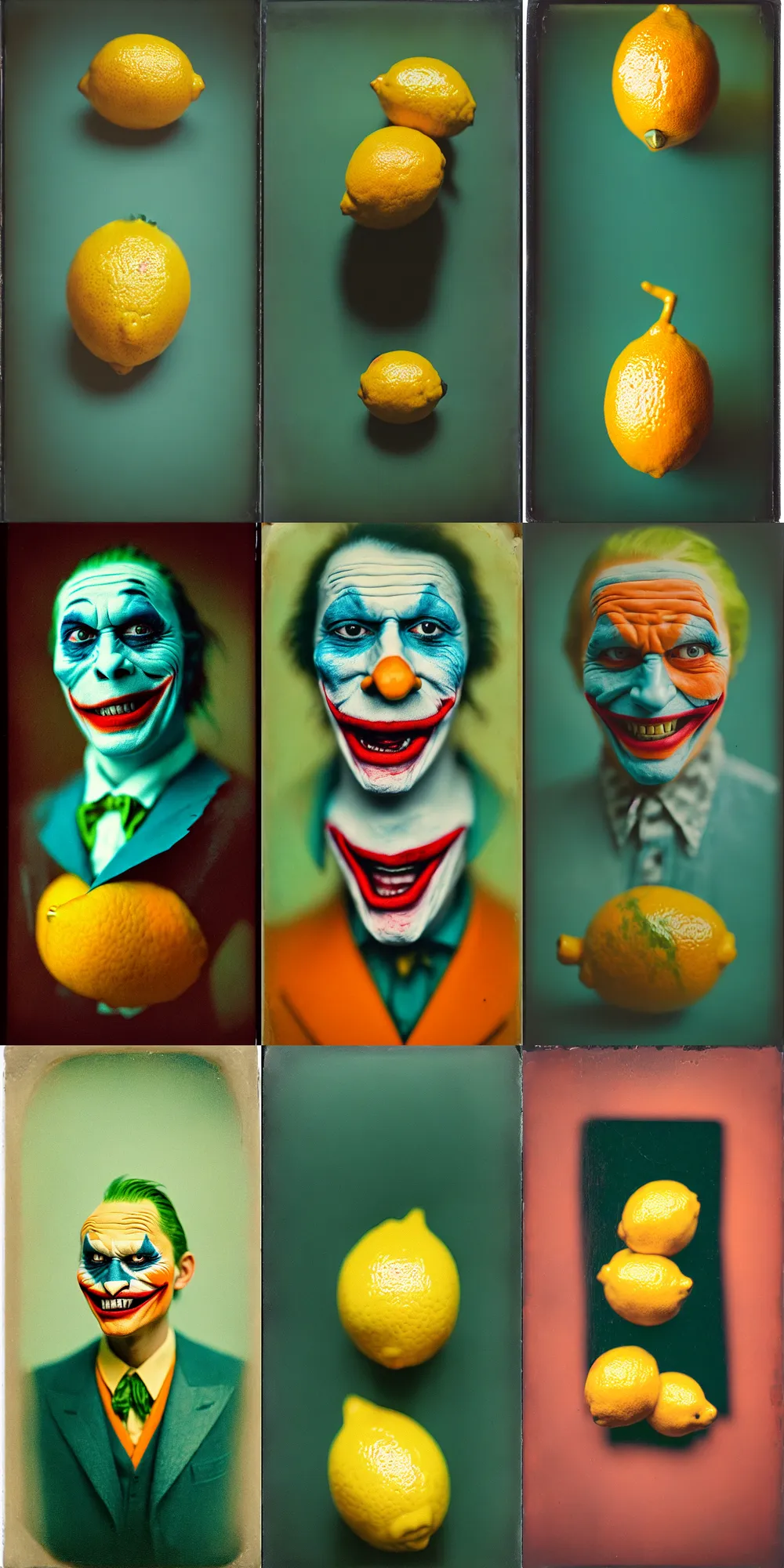 Image similar to kodak portra 4 0 0, wetplate, 8 k, shot of a highly detailed, britt marling style, colour still - life portrait of a lemon looks like 1 9 9 9 joker, teal and orange, muted coloures