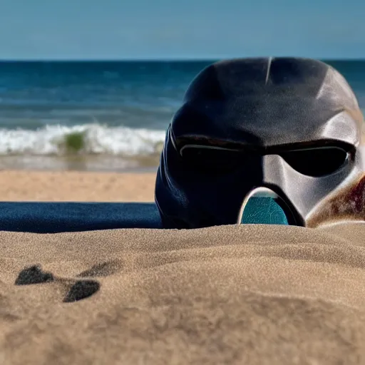 Prompt: high quality photo of The Predator Mask on the beach, realism, 8k, award winning photo