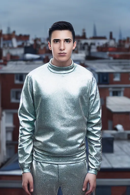 Image similar to un ultra high definition studio quality photographic art portrait of a young man standing on the rooftop of a british apartment building wearing soft padded silver pearlescent clothing. three point light. extremely detailed. golden ratio, ray tracing, volumetric light, shallow depth of field. set dressed.