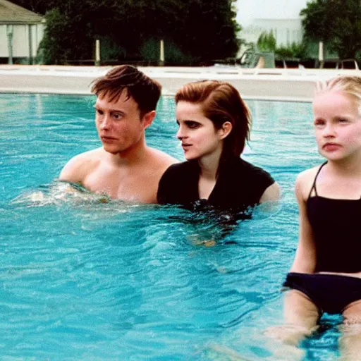 Image similar to elon musk training young emma watson how to swim cinestill 800t