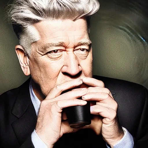 Prompt: a photorealistic depiction of david lynch drinking coffee