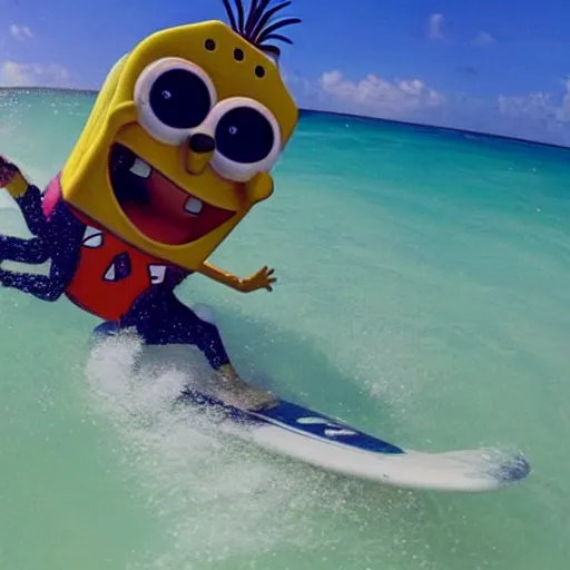 Prompt: go pro footage of spongebob surfing in miami