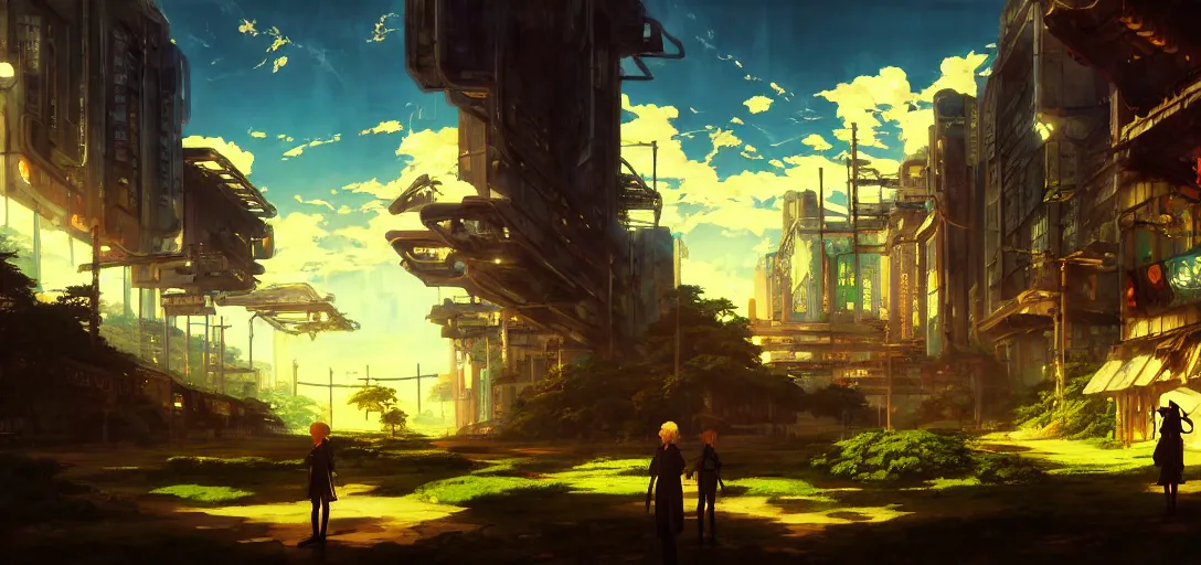 Image similar to baroque oil painting of anime key visual environment of a eden in a cyberpunk world, brutalist, dark fantasy, sunset, rule of thirds, digital cel shading, fake hidden detail, trending on pixiv fanbox, style of makoto shinkai studio ghibli jamie wyeth james gilleard greg rutkowski