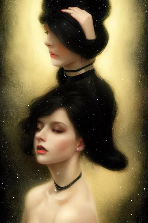 Prompt: Nocturne, glowing, stars, a long-legged elegant sultry woman, long black hair with white tips, pearl choker, highly detailed, mysterious, ethereal, dressed in black velvet, haute couture, illustration, dramatic lighting, soft details, painting, by Edmund Blair Leighton, Brom, Charlie Bowater, trending on artstation, faces by otto schmidt