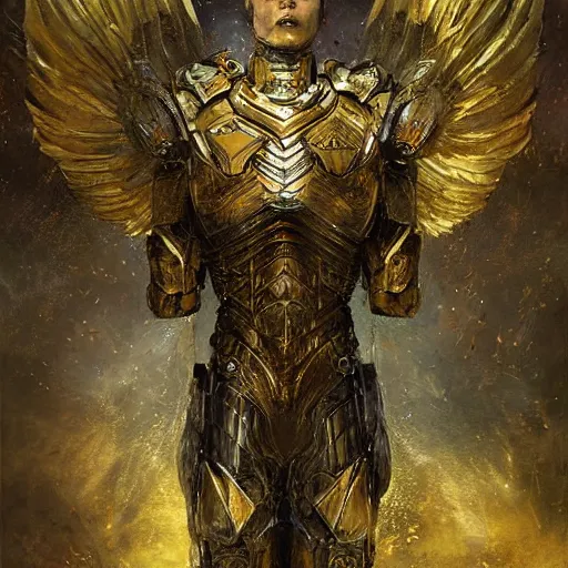 Prompt: knight in golden shiny armor with wings art by Daniel Dociu detailed