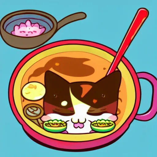 Image similar to Cute kawaii cat eating a bowl of ramen in The Legend of Zelda Breath of the Wild, toon shading, npr