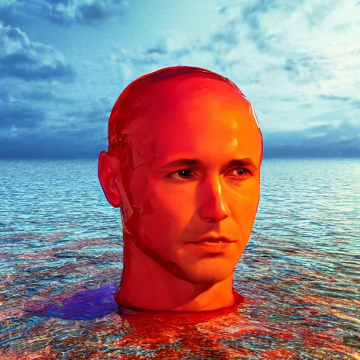 Image similar to a human head sculpture made out of juicy jelly on the ocean water, cinematic, in the style of chad knight, long shot, hyper detailed, hyper realistic, ray tracing, 8 k resolution, sharp focus, realistic water, award winning