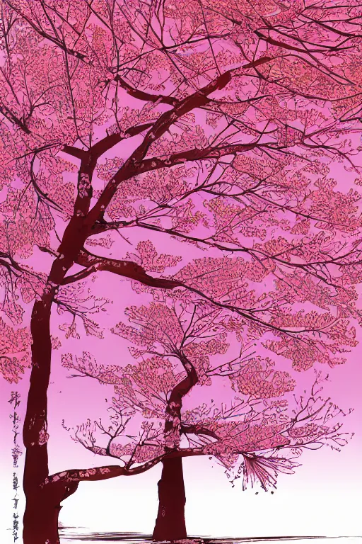 Prompt: concept art painting of a lush cherry blossom tree in winter, moebius, inio asano, toon shading, cel shading, calm, tranquil, vaporwave colors,