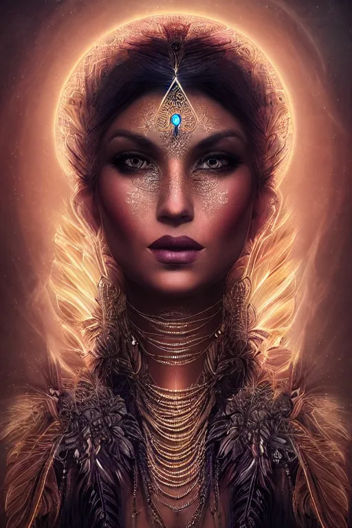 Image similar to a mystical render of a single alluring mystical tribal goddess adorned with feathers and gemstones and cables and synthesizer parts is surrounded by sacred geometry made from elven architecture, full body, gorgeous, perfect face, powerful, cinematic, beautifully lit, by artgerm, by karol bak, 3 d, trending on artstation, octane render, 8 k