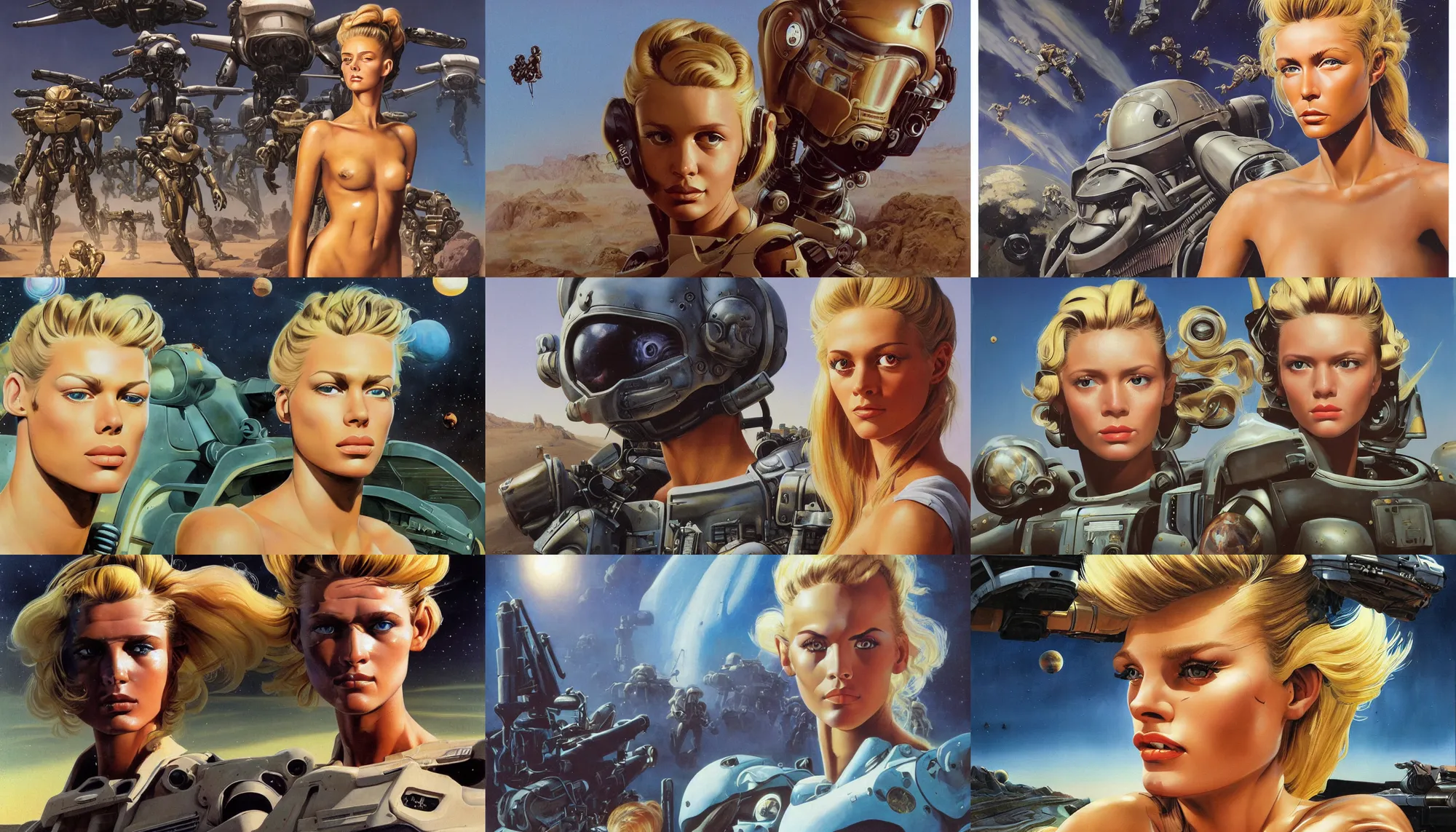 Prompt: A mixed media portrait painting of a very beautiful light-brown-hair / blonde woman on an alien planet, sweat, aesthetic symmetrical face and eyes, photorealistic, model, wet, starship-troopers, pacific-rim-mech in background, eighties pinup style, by Frank Frazetta, Boris Vallejo, Beeple, Greg Rutkowski, Christian MacNevin, epic fantasy character art, high fantasy, CGsociety, exquisite detail, post-processing, masterpiece, cinematic