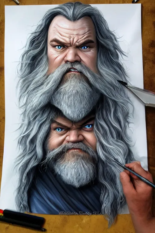 Prompt: A realistic caricature painting of Jack Black as Gandalf in LOTR by Sebastian Krüger