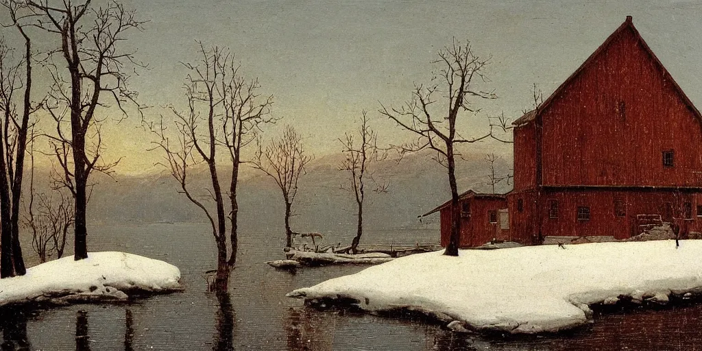 Prompt: an impasto oil painting of a lakehouse in the winter painted by caspar david friedrich, high detail,