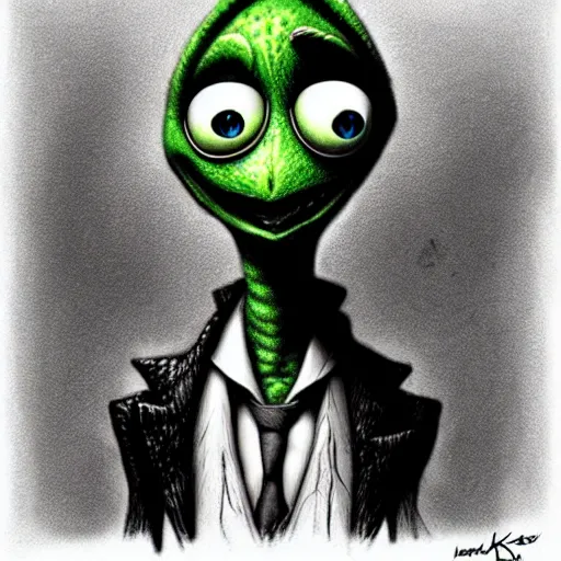 Image similar to michael karcz grunge cartoon drawing of kermit the frog. , in the style of corpse bride, loony toons style, horror themed, detailed, elegant, intricate