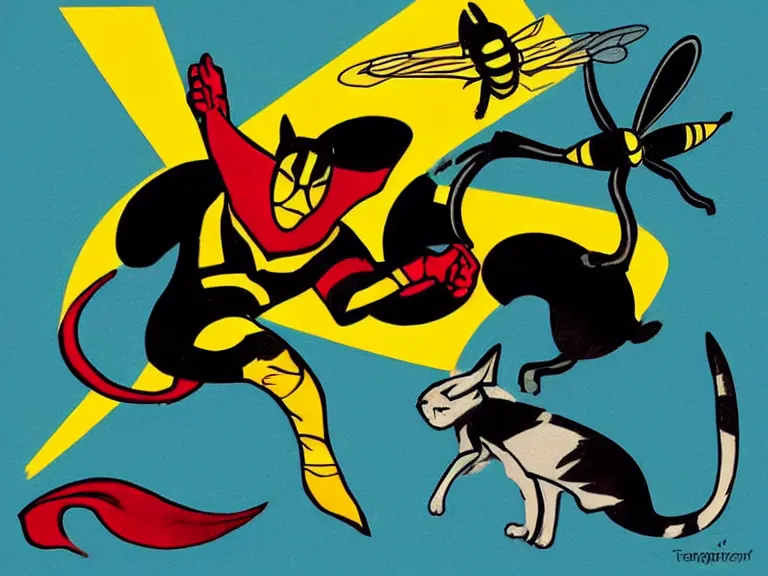 Prompt: a superhero cat fighting a wasp in an art deco style