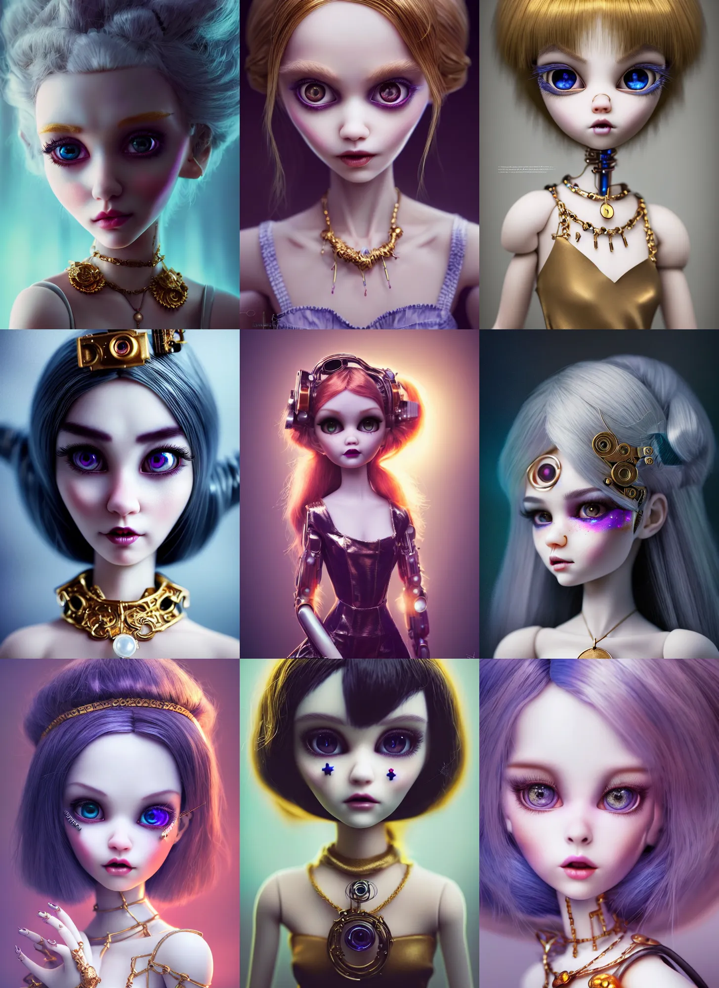 Prompt: pixar portrait 8 k photo, beautiful porcelain doll white edc clowncore emo madison beer cyborg woman, golden ratio jewelry, sci - fi, fantasy, cyberpunk, intricate, elegant, highly detailed, digital painting, ever after high, octane render, artstation, concept art, smooth, sharp focus, illustration, art by artgerm, loish, wlop