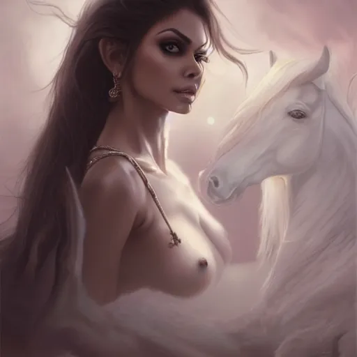 Image similar to portrait of sherlyn chopra, white horse, dreamy, fantasy, intricate, elegant, highly detailed, digital painting, artstation, concept art, matte, sharp focus, illustration, octane render, unreal engine, art by aenaluck and roberto ferri and greg rutkowski, epic fantasy, digital painting