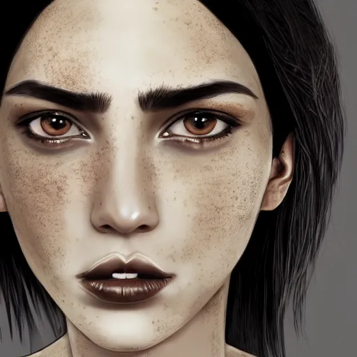 Image similar to pretty black haired woman, with freckles on face, suntanned skin, dark brown middle eastern eyes narrowed, scar on left side of neck, wearing black armor, digital art, hyperdetailed, hyperrealistic, 4 k, 8 k