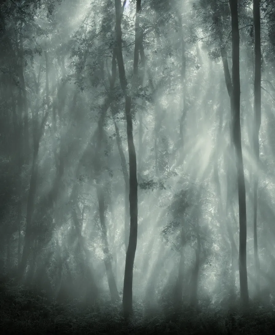 Prompt: dark forest mysterious creepy mist fog haze sunbeam matte painting concept art hyperreal ue5 unreal bob ross