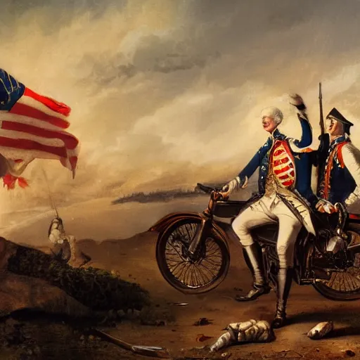 Image similar to George Washington rides a motorcycle to attack the British army in the revolutionary war, epic, cinematic, concept Art, detailed, 4K