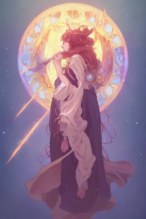 Image similar to a cute wizard girl conjuring a lightening ball, character art portrait, anime key visual, official media, illustrated by alphonse mucha, wlop, extremely detailed, 8 k, trending on artstation, cinematic lighting, beautiful