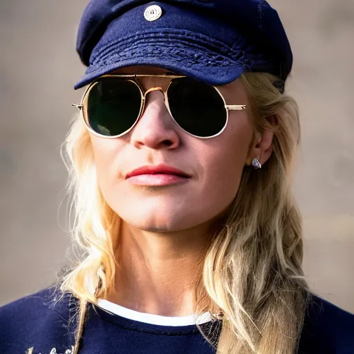 Prompt: close up of a blonde woman, with braided hair over the shoulder, wearing a navy blue utility cap, polarized sports sunglasses, and a navy blue military uniform with bulletproof vest, 8 5 mm f / 1. 4